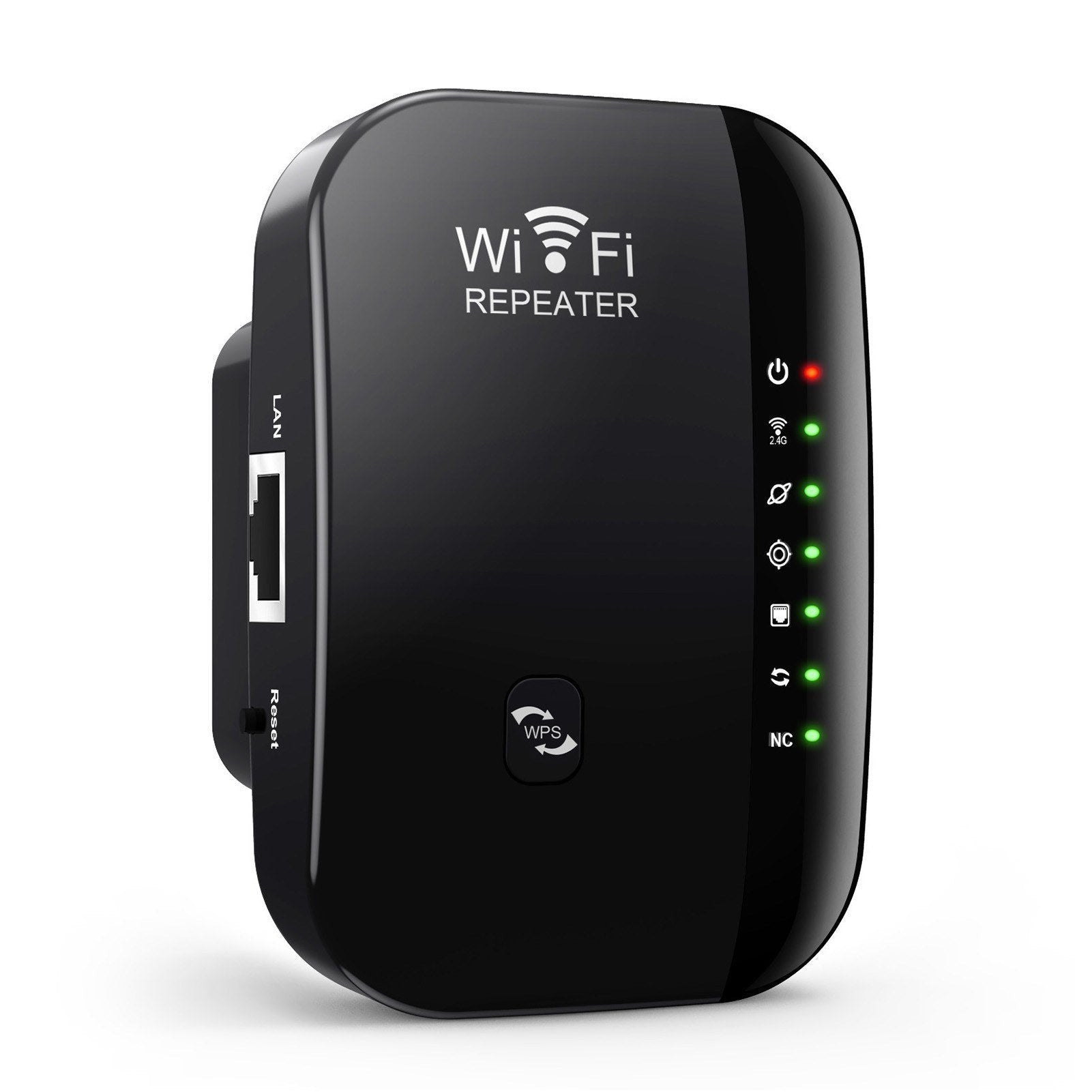 GETDECO portable 300M WiFi range extender with Ethernet ports, 7 LED indicators, relay and AP modes, and simple setup.