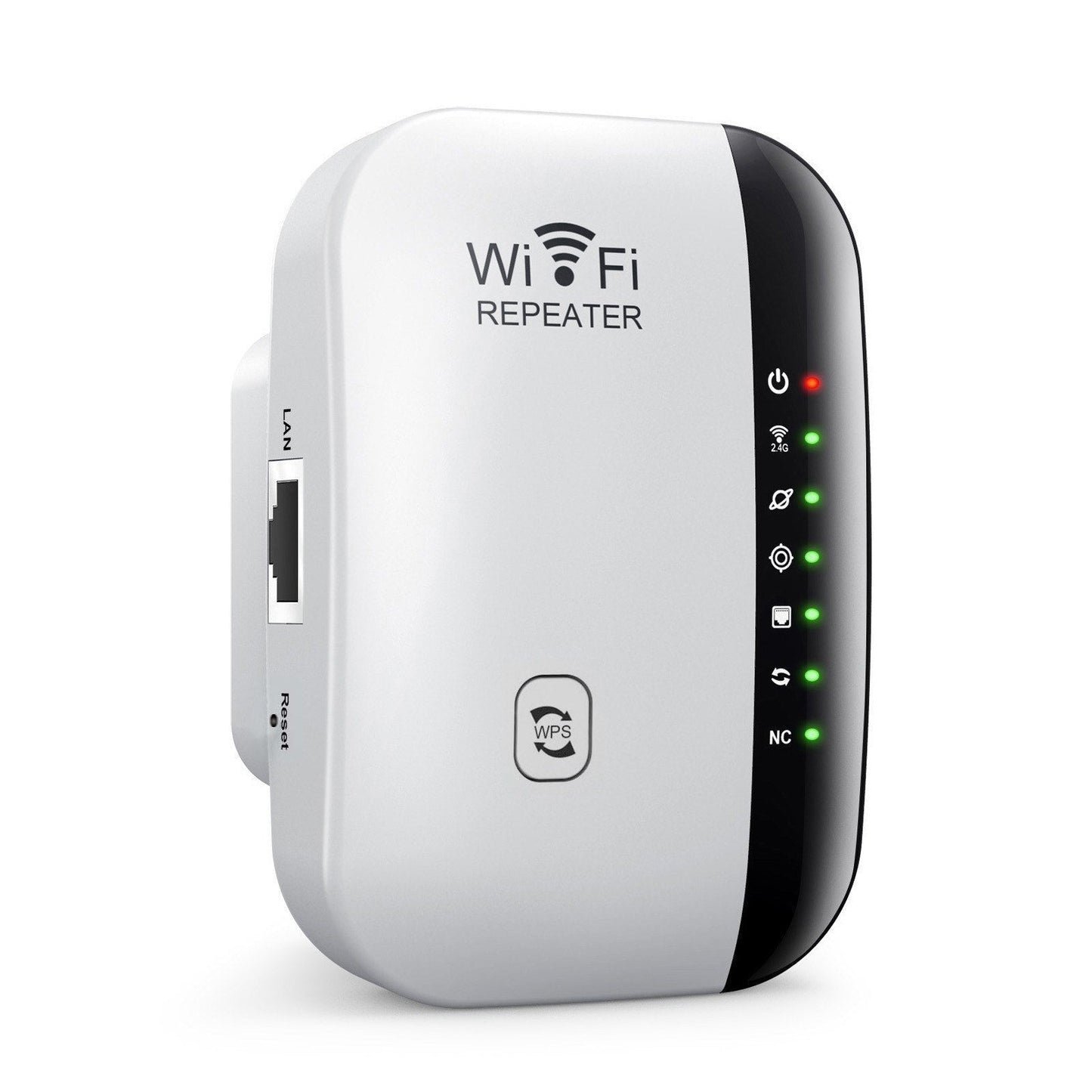 GETDECO portable WiFi range extender with Ethernet, 7 LED indicators, relay/AP modes, compact design for extended wireless coverage