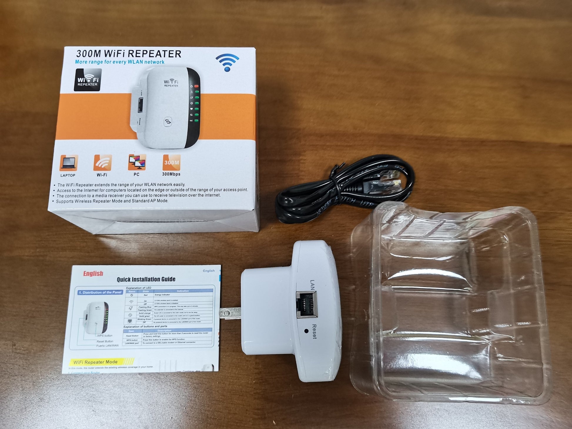 GETDECO portable 300M WiFi repeater and range extender with Ethernet port, 7 LED indicators, relay and AP modes, simple setup