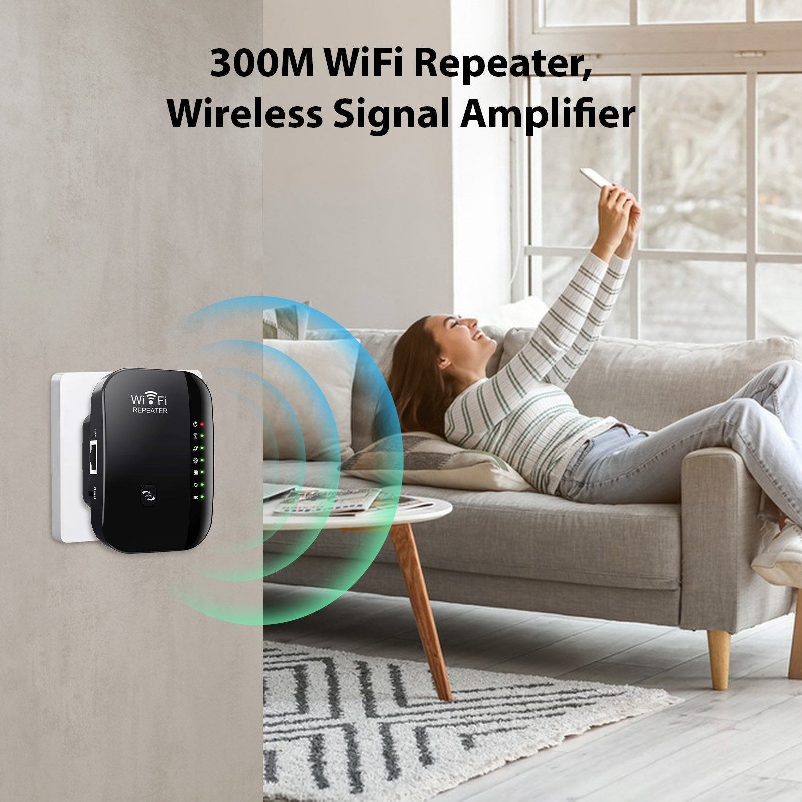 GETDECO portable WiFi range extender with Ethernet, 7 LED indicators, relay/AP modes, compact design for improved WiFi coverage.