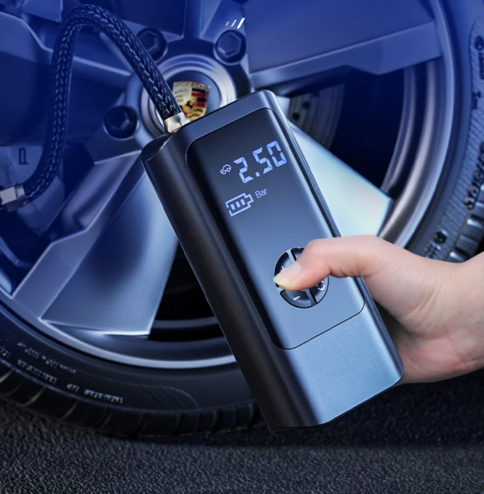 Portable 12V Mivoza Deutschland tire inflator compressor with dual power for car and bicycle inflation, compact and easy to use.