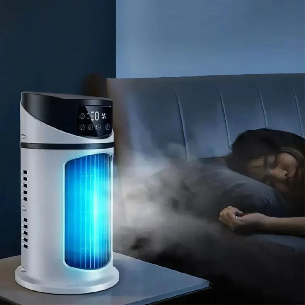 DecorsDeluxe portable evaporative air cooler fan, compact personal air conditioner with adjustable vents and control panel.