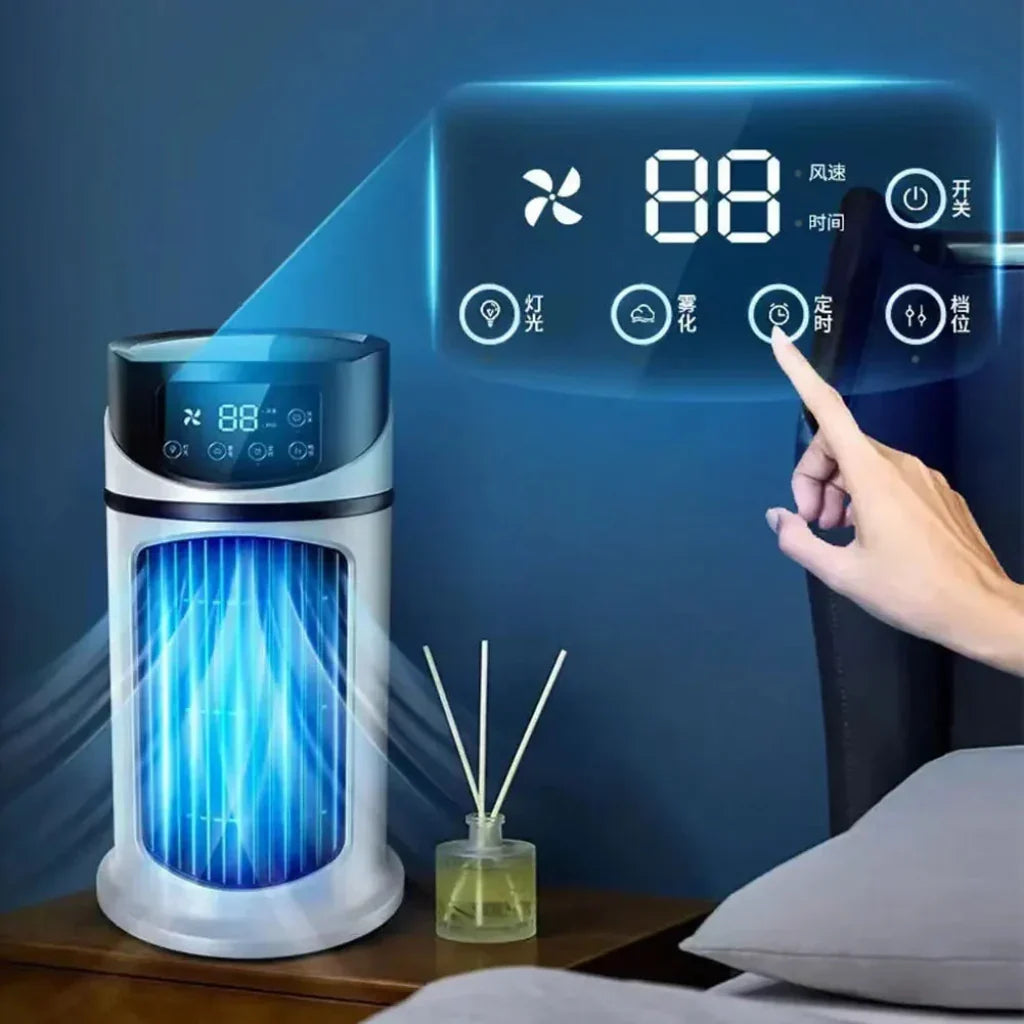 DecorsDeluxe portable compact evaporative air cooler fan, personal cooling device with adjustable vents and ergonomic handle.