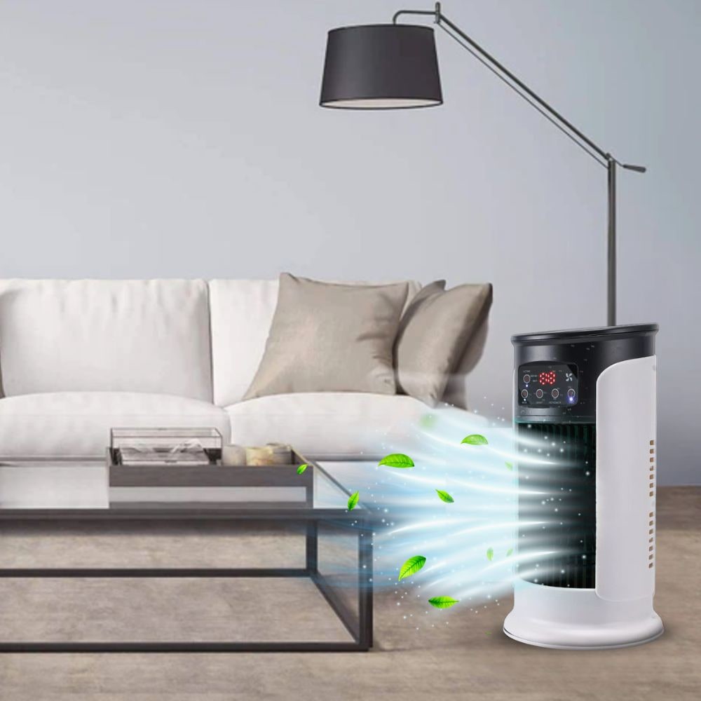 DecorsDeluxe portable tower fan air cooler with remote control and oscillating feature for efficient cooling and airflow.