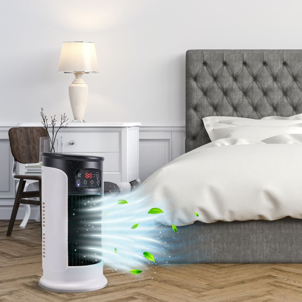 DecorsDeluxe portable tower fan and air cooler with remote control, oscillating feature, and sleek design for effective cooling.