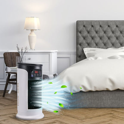 DecorsDeluxe portable tower fan and air cooler with remote control, oscillating feature, and sleek design for effective cooling.