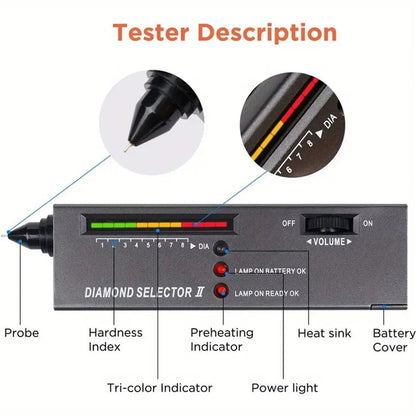 GETDECO portable electronic diamond tester pen with LCD and LED indicators for fast, accurate jewelry gemstone testing.