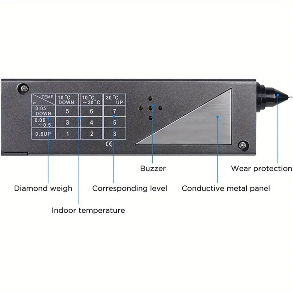 GETDECO portable electronic diamond tester pen with LCD and LED indicators for fast, accurate jewelry gemstone testing.