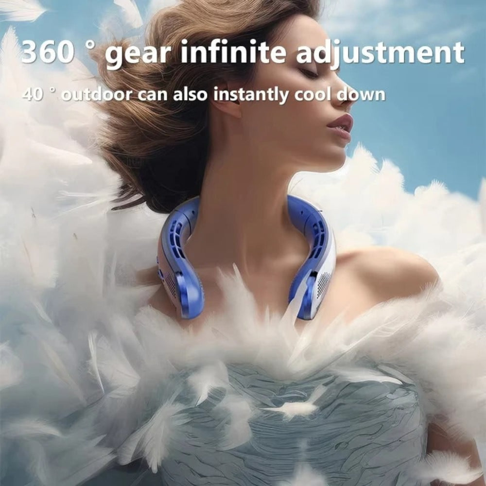 DecorsDeluxe bladeless portable neck fan worn around the neck, hands-free cooling device for summer comfort and personal airflow.