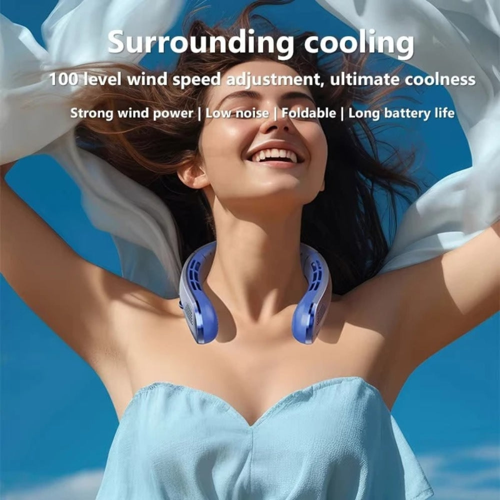 DecorsDeluxe bladeless portable neck fan, hands-free wearable cooling device for summer, lightweight electronic accessory.