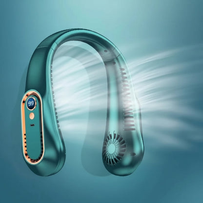 DecorsDeluxe bladeless portable neck fan, hands-free wearable cooling device for hot summer days.