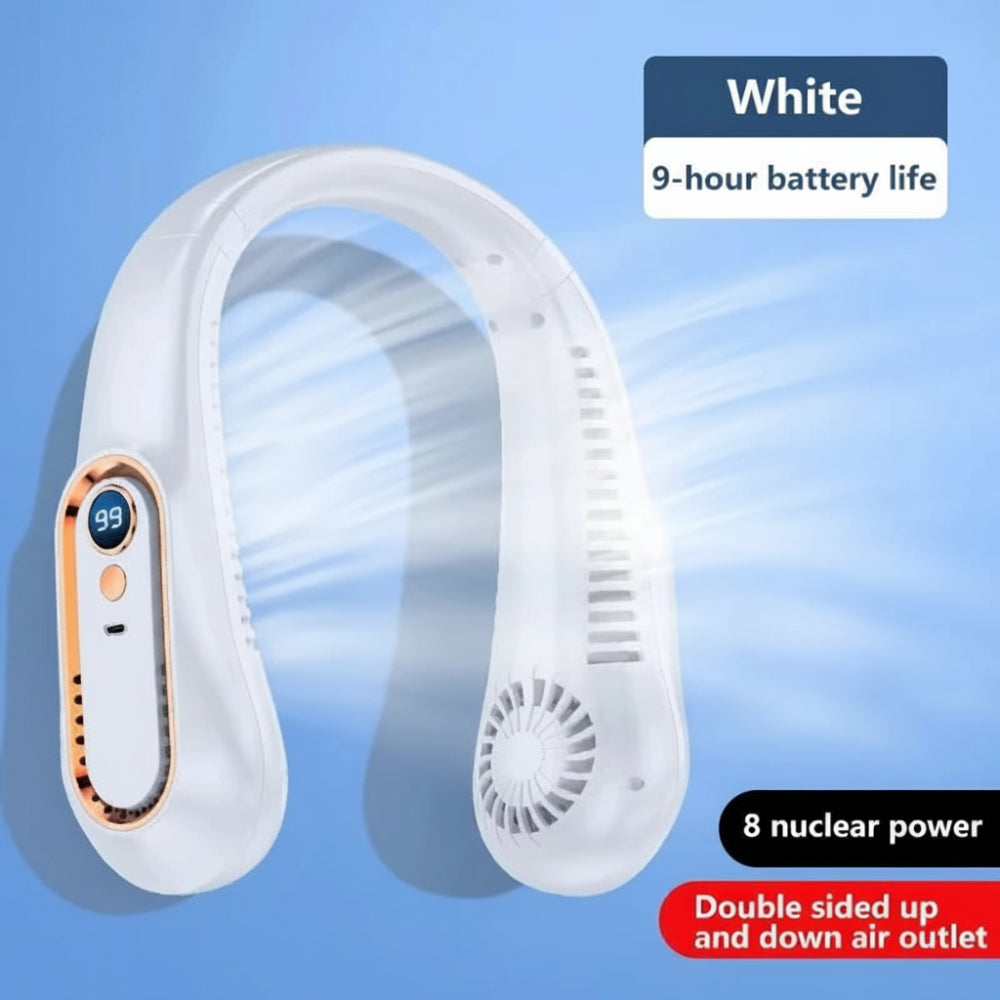 DecorsDeluxe bladeless portable neck fan, hands-free wearable cooling device with sleek design for summer heat relief.