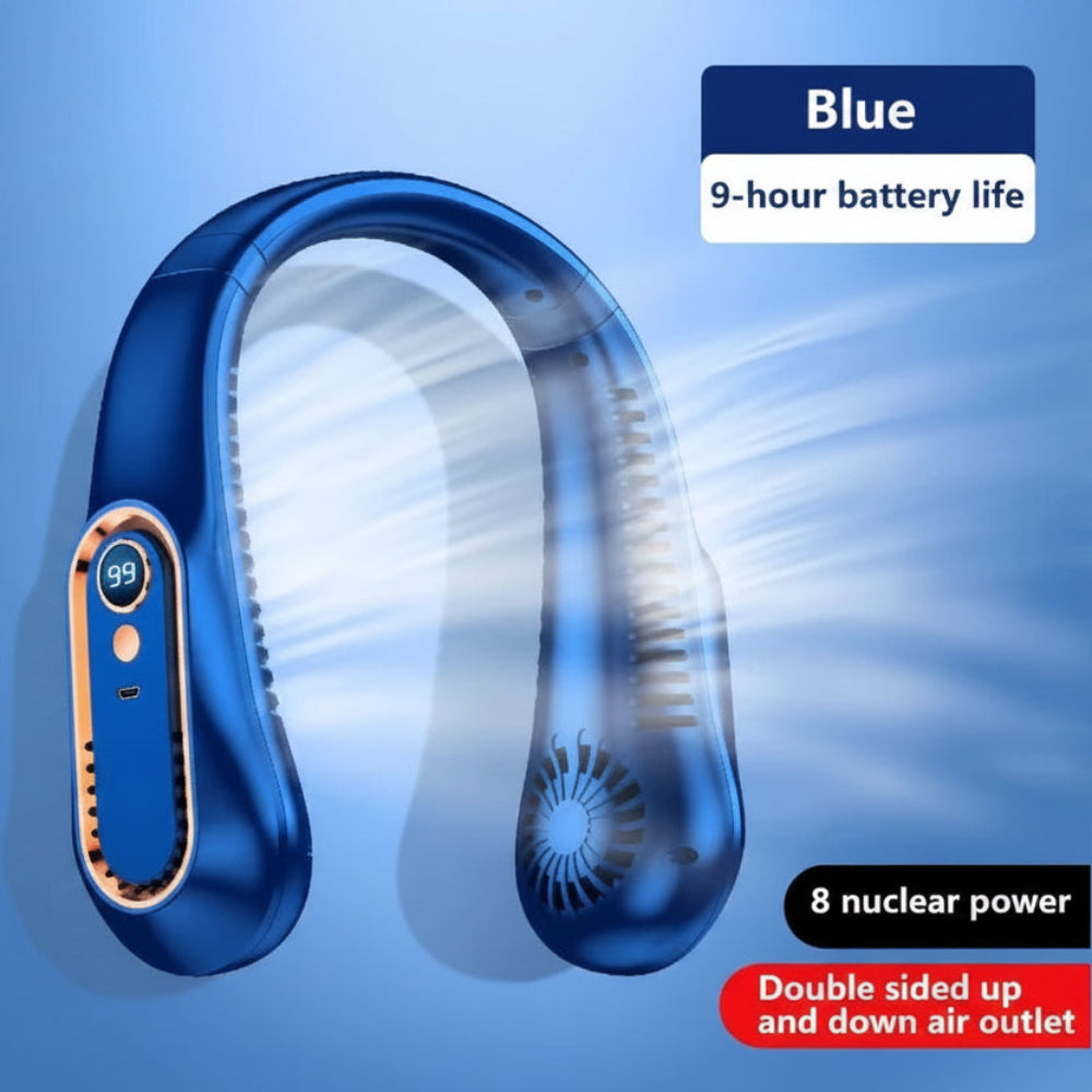 DecorsDeluxe bladeless portable neck fan, hands-free wearable cooling device for summer, designed for personal comfort and cooling.