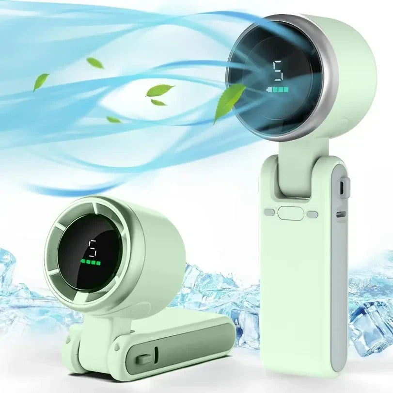 DecorsDeluxe rechargeable clip-on and handheld mini fan for travel, showing sleek portable fan with adjustable clip and handle.