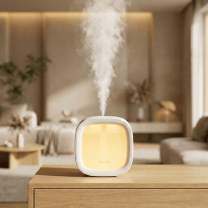 Casavibeo cube-shaped USB humidifier for bedroom, compact and quiet air humidifier with a sleek portable design.