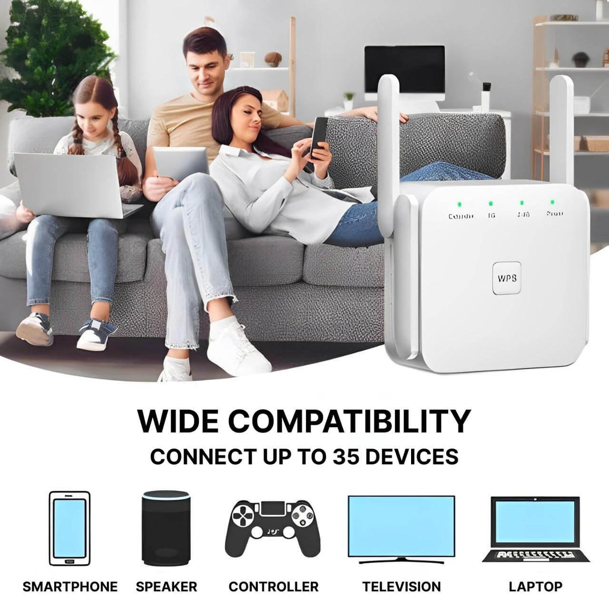 Belro long-range WiFi repeater extending wireless signal coverage in a modern home setting.
