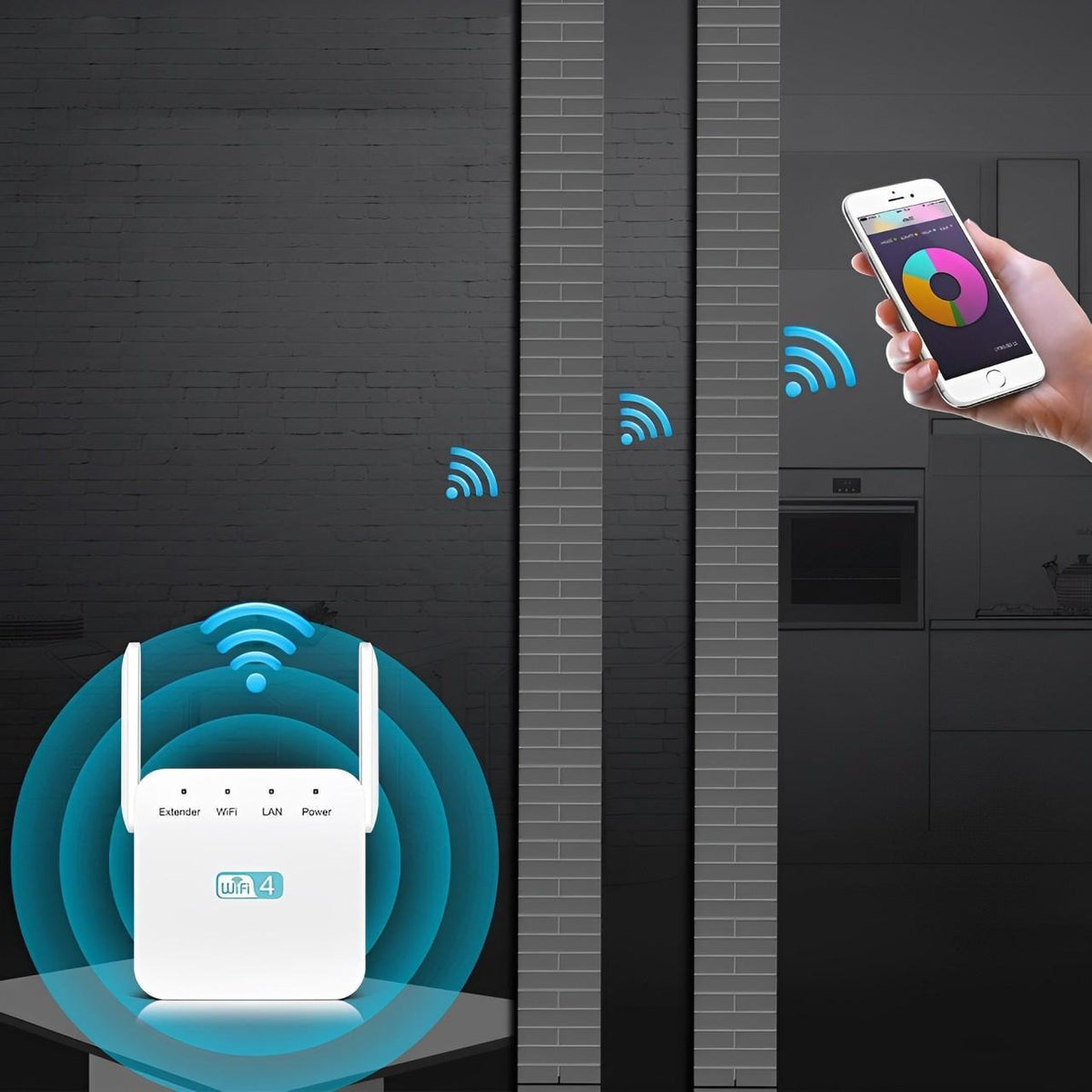 Belro long-range WiFi repeater extending wireless signal for improved internet coverage in a home or office setting.