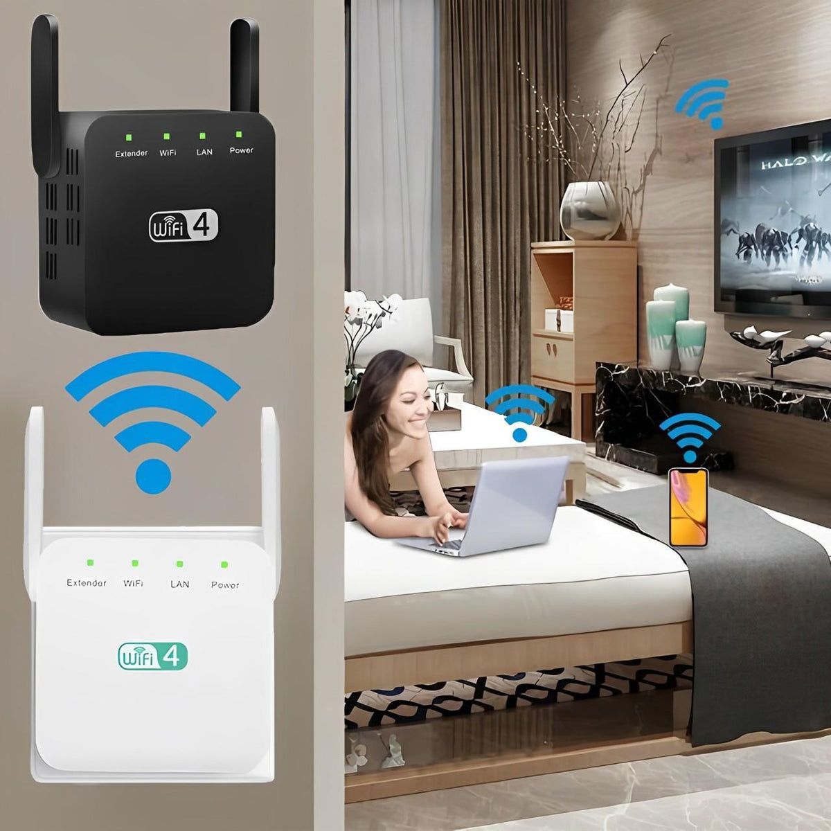 Belro long-range WiFi repeater extending wireless signal in a home or office setup for improved connectivity.