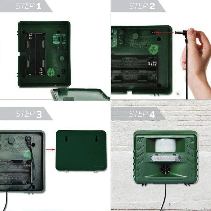 Belro Woodpecker Ultrasonic Repeller for outdoor pest control, showing the device designed to deter pests in home and garden settings.