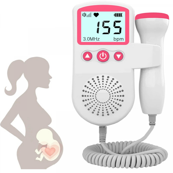 Belro fetal doppler heart rate monitor showing digital display and ultrasound probe for home pregnancy fetal heart detection.
