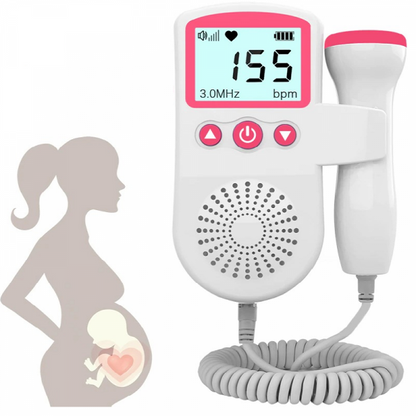 Belro fetal doppler heart rate monitor showing digital display and ultrasound probe for home pregnancy fetal heart detection.