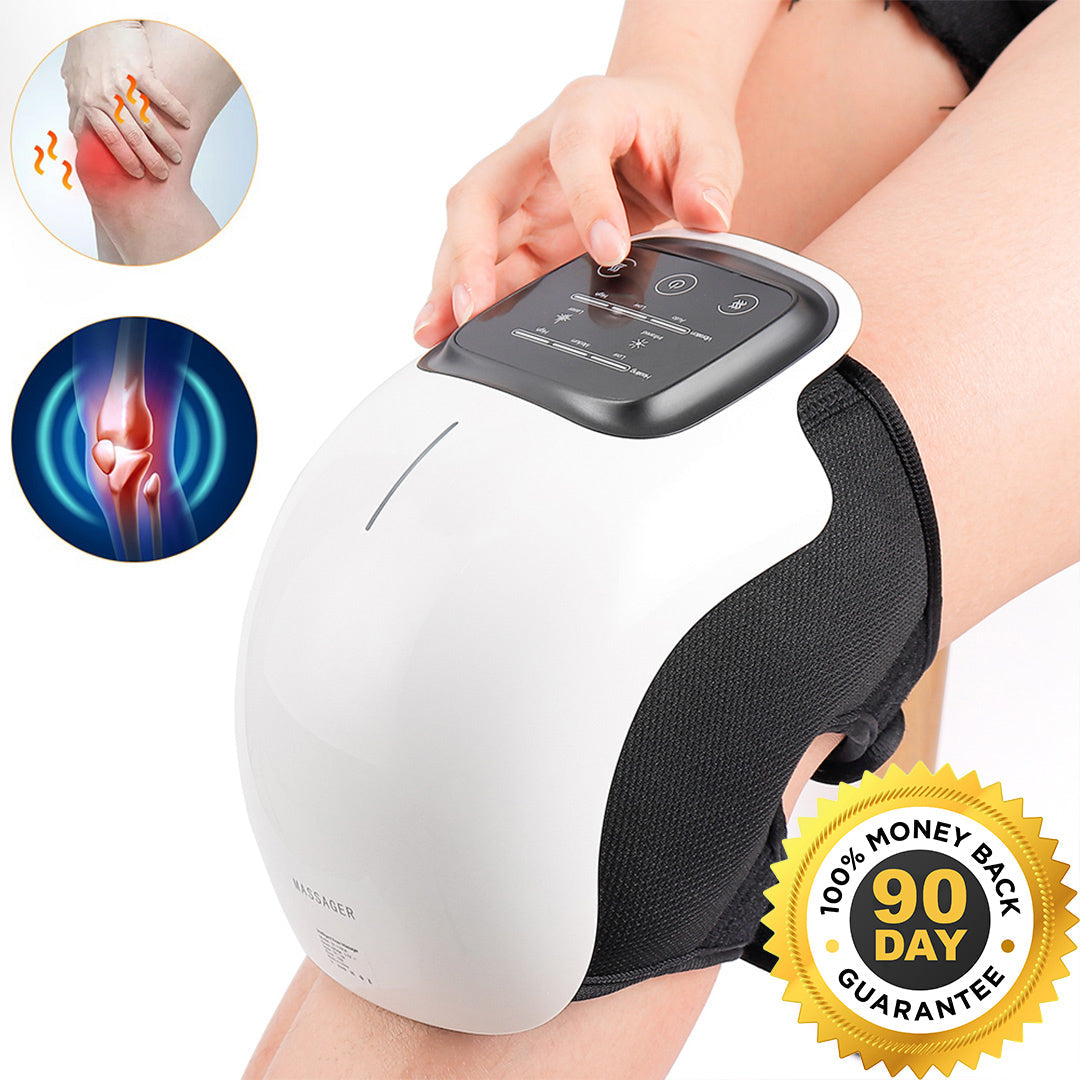 Portable Belro knee massager with heat therapy, showing a user wearing the heated knee wrap for pain relief and joint recovery.