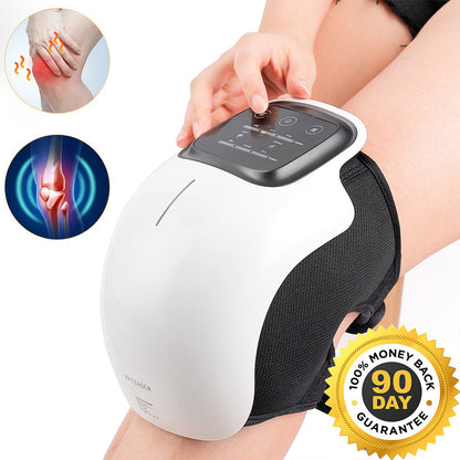 Portable Belro knee massager with heat therapy, showing a user wearing the heated knee wrap for pain relief and joint recovery.