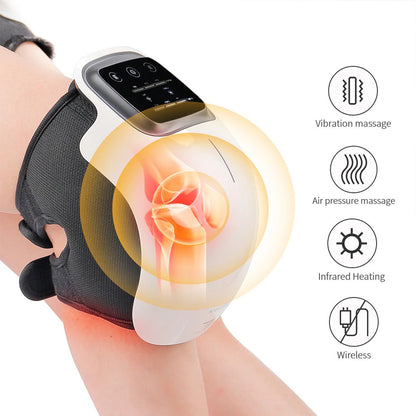 Belro heated knee massager with heat therapy, showing a portable device wrapped around a person's knee for pain relief and joint recovery.