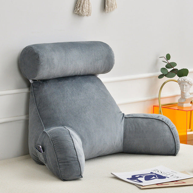 Belro backrest pillow with arms and adjustable headrest, featuring soft fabric and supportive design for comfortable lounging.
