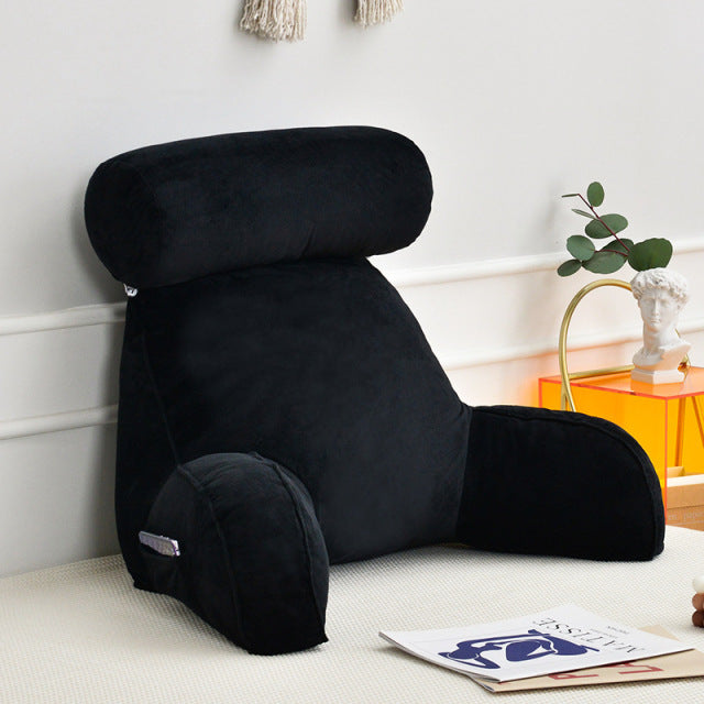 Belro backrest pillow with arms and adjustable headrest, soft fabric, designed for comfortable support in home and garden bedding.