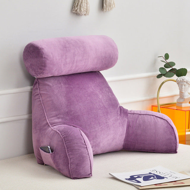 Belro backrest pillow with arms and adjustable headrest, soft fabric, and supportive design for comfortable seating.