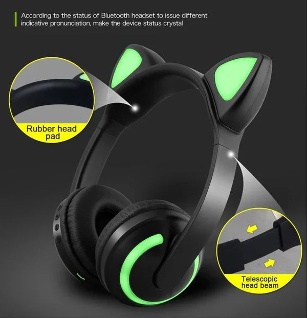 Belro Cat Glowing Bluetooth headphones with sleek design and glowing accents, perfect for wireless audio listening.