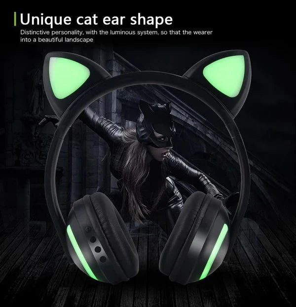 Belro glowing Bluetooth headphones for cats, featuring sleek black design with LED light accents and padded ear cushions.