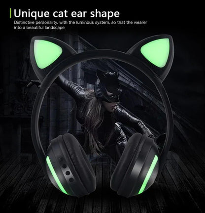 Belro glowing Bluetooth headphones for cats, featuring sleek black design with LED light accents and padded ear cushions.