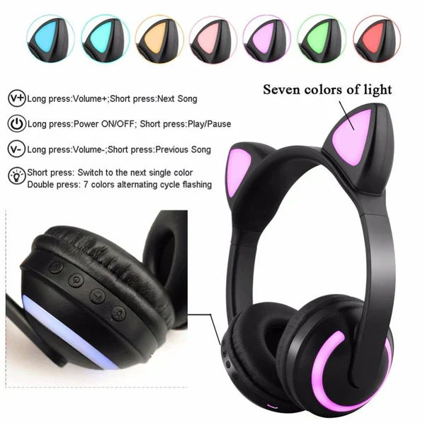 Belro Cat Glowing Bluetooth headphones with soft ear cushions and sleek design, ideal for wireless audio listening.