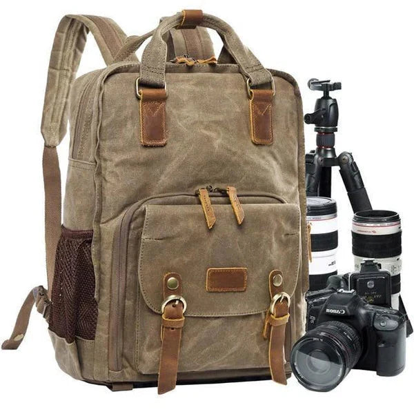 Belro waterproof waxed canvas camera backpack with multiple compartments, designed for electronics and photography gear.
