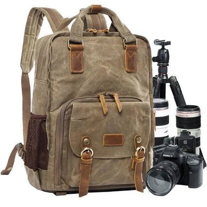 Belro waterproof waxed canvas camera backpack with multiple compartments, designed for electronics and photography gear.