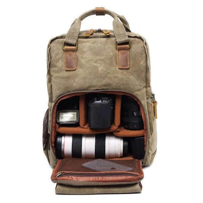 Belro waterproof waxed canvas camera backpack with multiple compartments, sturdy straps, and protective pockets for camera gear.