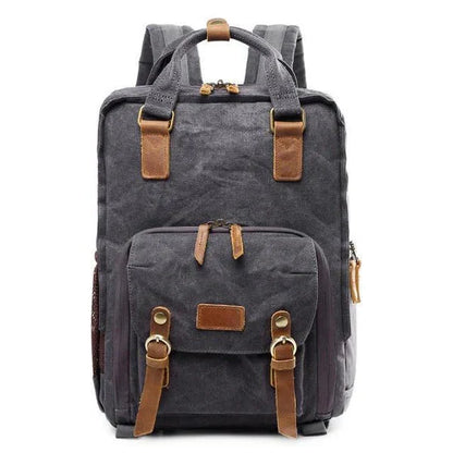 Belro waterproof waxed canvas camera backpack with multiple compartments and padded straps, designed for electronics and photography gear.