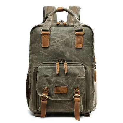 Belro waterproof waxed canvas camera backpack with padded compartments for electronics and camera gear in a sleek design.