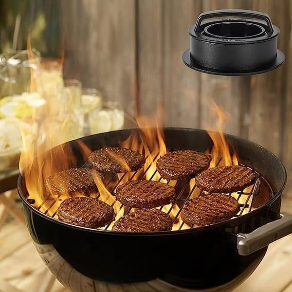Belro burger press for homemade burgers, showcasing its sturdy metal construction and comfortable handle for even patty shaping.