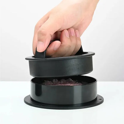 Belro burger press for homemade burgers, featuring a round metal mold with handle for easy shaping in the kitchen.