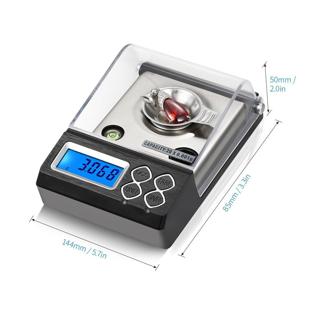 GETDECO precision digital milligram scale for jewelry weighing, high accuracy 0.001g with 20g, 30g, and 50g options.