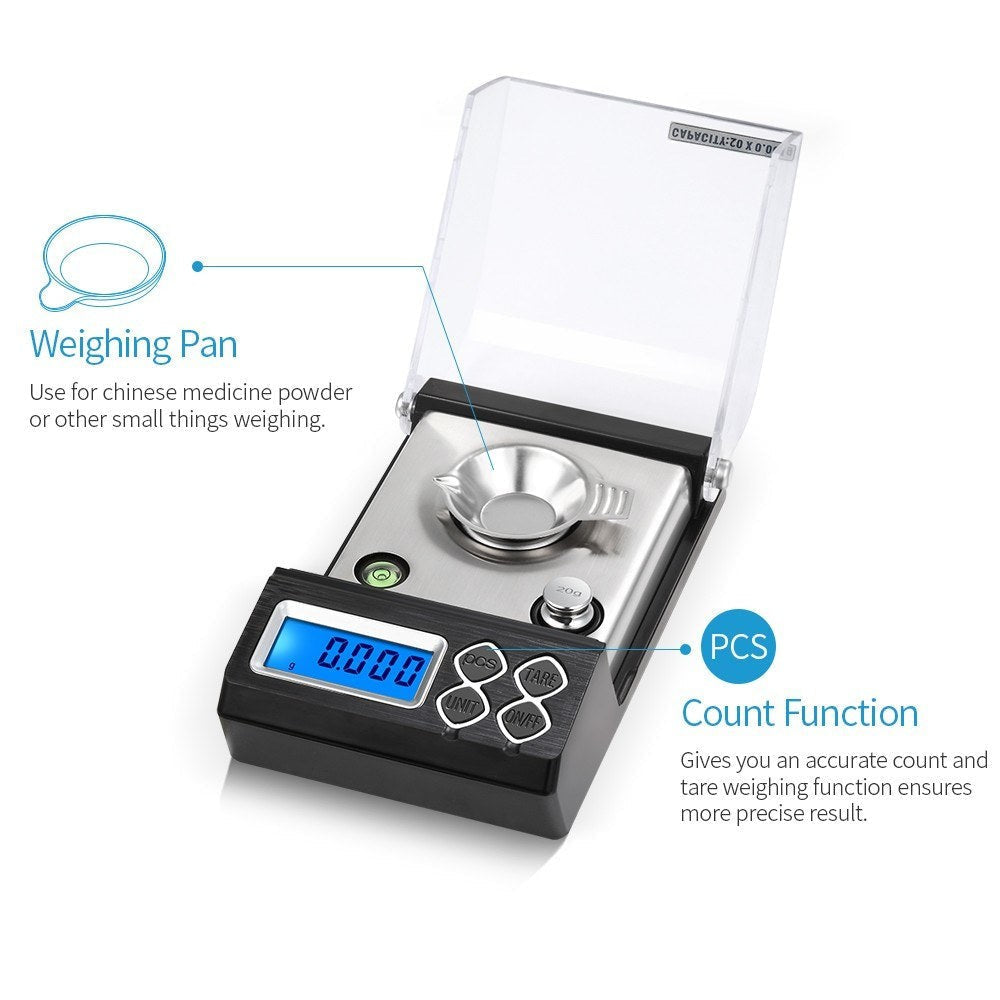 GETDECO precision jewelry scale with digital display, high accuracy 0.001g, available in 20g, 30g, and 50g options.