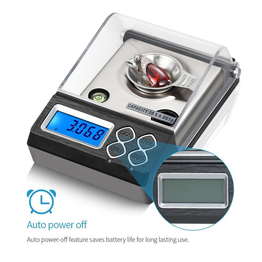 GETDECO precision jewelry scale with digital display, high accuracy 0.001g, available in 20g, 30g, and 50g options.