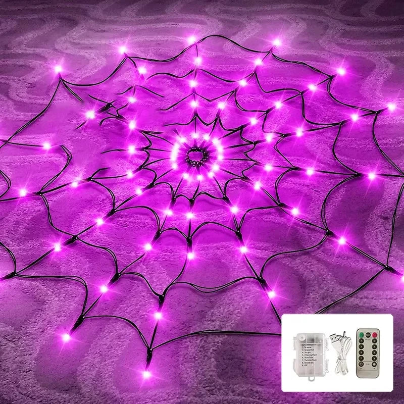 Purple Halloween spider web decoration with integrated lights from Belro, outdoor home and garden decor for spooky festivities.