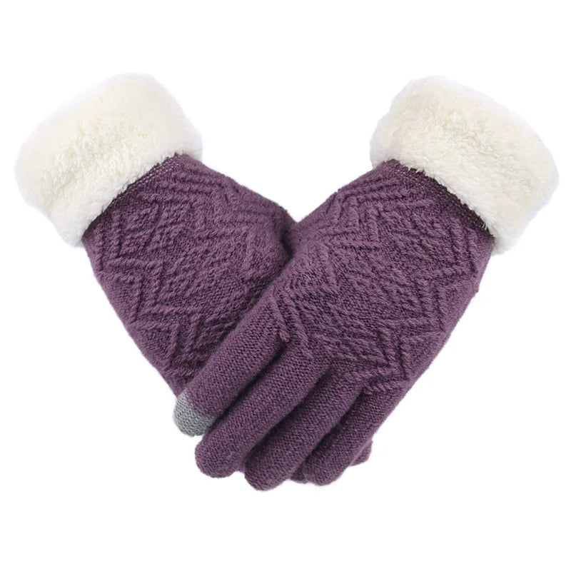 Purple Belro plush-lined knitted touchscreen gloves with ribbed cuffs, designed for warmth and easy device use.