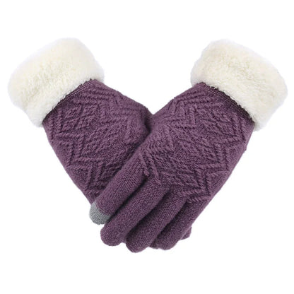 Purple Belro plush-lined knitted touchscreen gloves with ribbed cuffs, designed for warmth and easy device use.