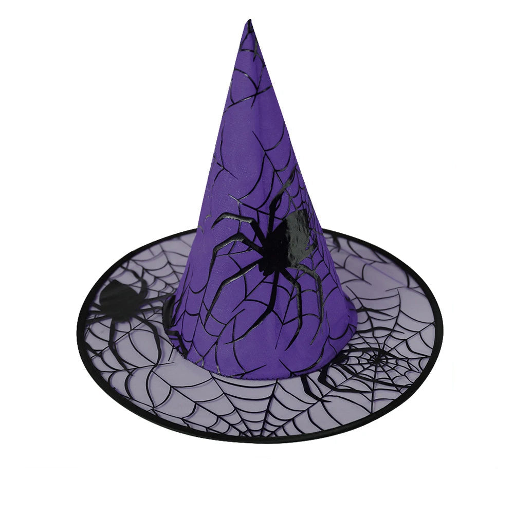 Purple Halloween witch hat with colorful spider web design from Belro, featuring a pointed shape and decorative web accents.