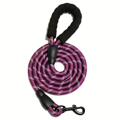 Purple reflective dog leash with padded handle from Belro, designed for comfortable, secure walks with visibility at night.